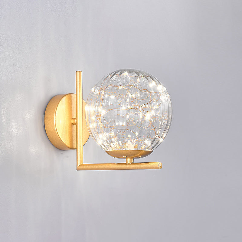 Glass Mini Globe Wall Sconce Designer Style LED Wall Mount Light Fixture for Bedroom Gold Ribbed Glass Clearhalo 'Cast Iron' 'Glass' 'Industrial' 'Modern wall lights' 'Modern' 'Tiffany' 'Traditional wall lights' 'Wall Lamps & Sconces' 'Wall Lights' Lighting' 2467902