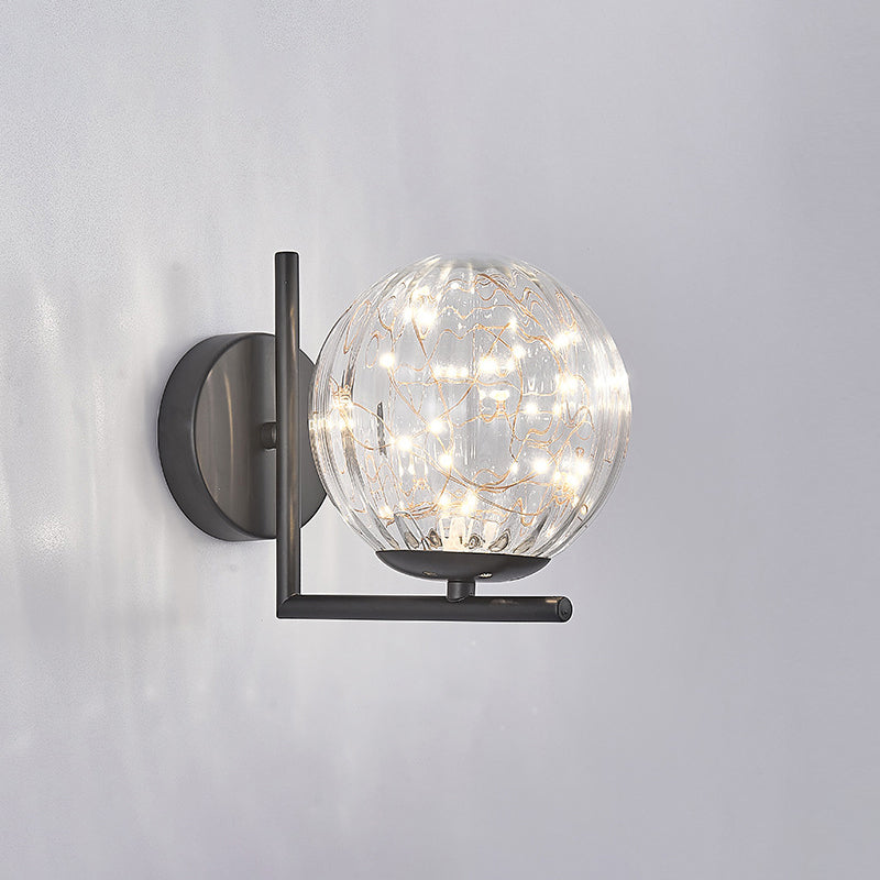 Glass Mini Globe Wall Sconce Designer Style LED Wall Mount Light Fixture for Bedroom Black Ribbed Glass Clearhalo 'Cast Iron' 'Glass' 'Industrial' 'Modern wall lights' 'Modern' 'Tiffany' 'Traditional wall lights' 'Wall Lamps & Sconces' 'Wall Lights' Lighting' 2467904