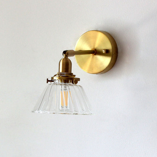 Minimalist Tapered Rotating Wall Lighting Single-Bulb Glass Wall Sconce in Brass for Living Room Brass Ribbed Glass Clearhalo 'Art deco wall lights' 'Cast Iron' 'Glass' 'Industrial wall lights' 'Industrial' 'Middle century wall lights' 'Modern' 'Rustic wall lights' 'Tiffany' 'Traditional wall lights' 'Wall Lamps & Sconces' 'Wall Lights' Lighting' 2467920