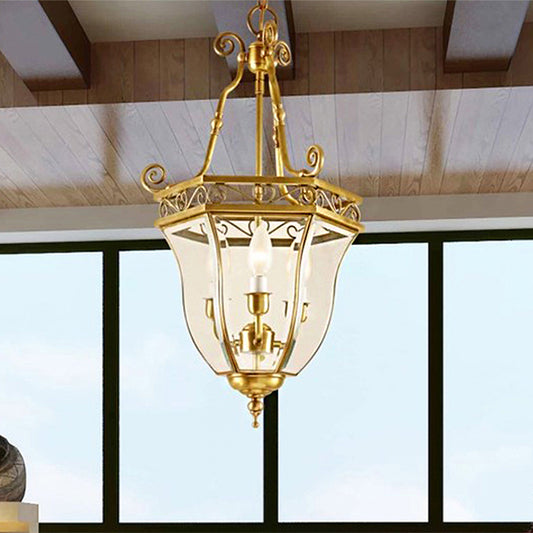 Brass Tapered Chandelier Lamp Retro 3 Heads Clear Glass Ceiling Pendant Light for Balcony Clearhalo 'Ceiling Lights' 'Chandeliers' 'Glass shade' 'Glass' Lighting' 246797