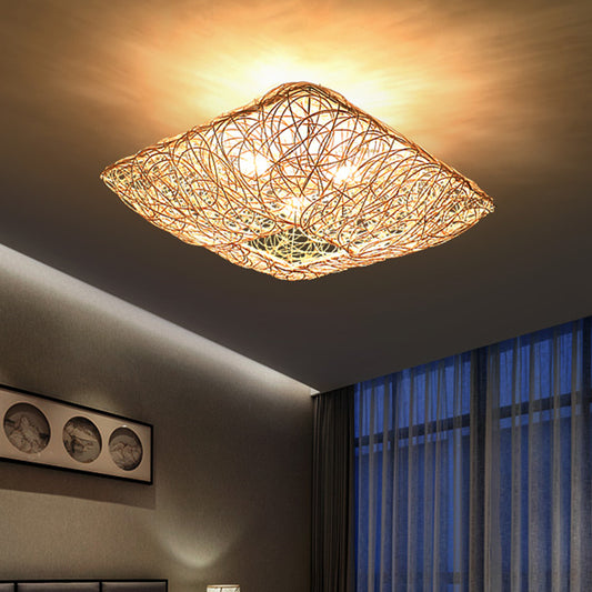 Rattan Square Ceiling Flush Mount Light Minimalist 3-Light Wood Flush Light for Bedroom Wood