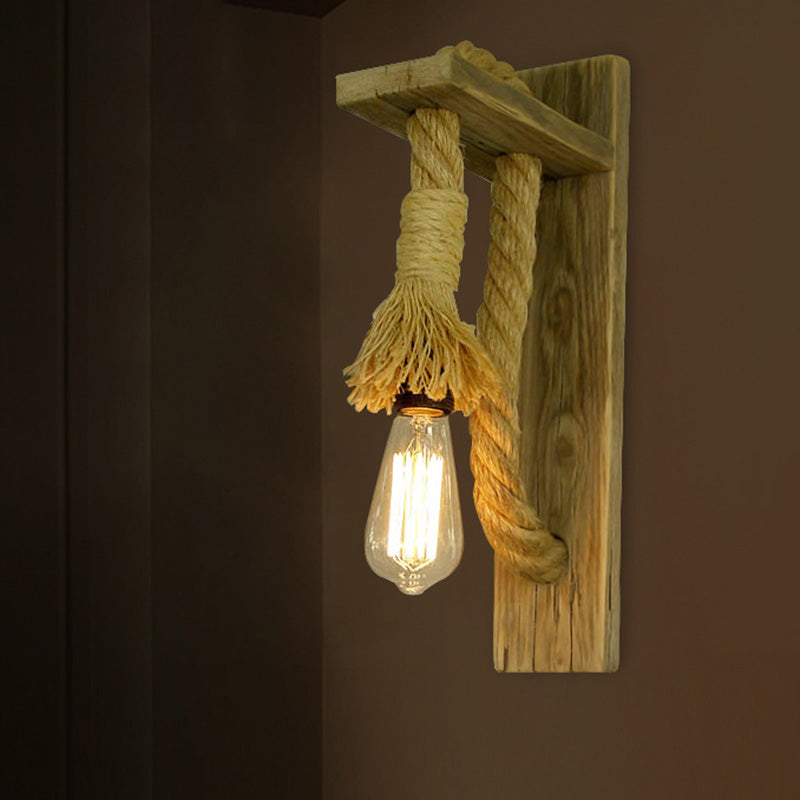 Single-Bulb Wall Lamp Rustic Open Bulb Roped Sconce Light Fixture with Bracket in Wood Clearhalo 'Industrial wall lights' 'Industrial' 'Middle century wall lights' 'Tiffany' 'Wall Lamps & Sconces' 'Wall Lights' Lighting' 2468023