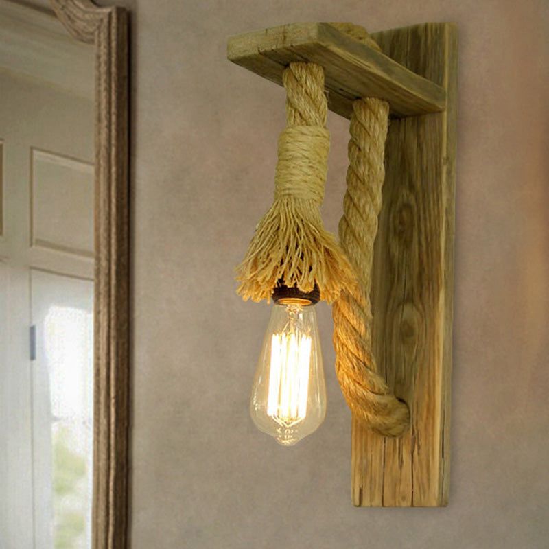 Single-Bulb Wall Lamp Rustic Open Bulb Roped Sconce Light Fixture with Bracket in Wood Clearhalo 'Industrial wall lights' 'Industrial' 'Middle century wall lights' 'Tiffany' 'Wall Lamps & Sconces' 'Wall Lights' Lighting' 2468025