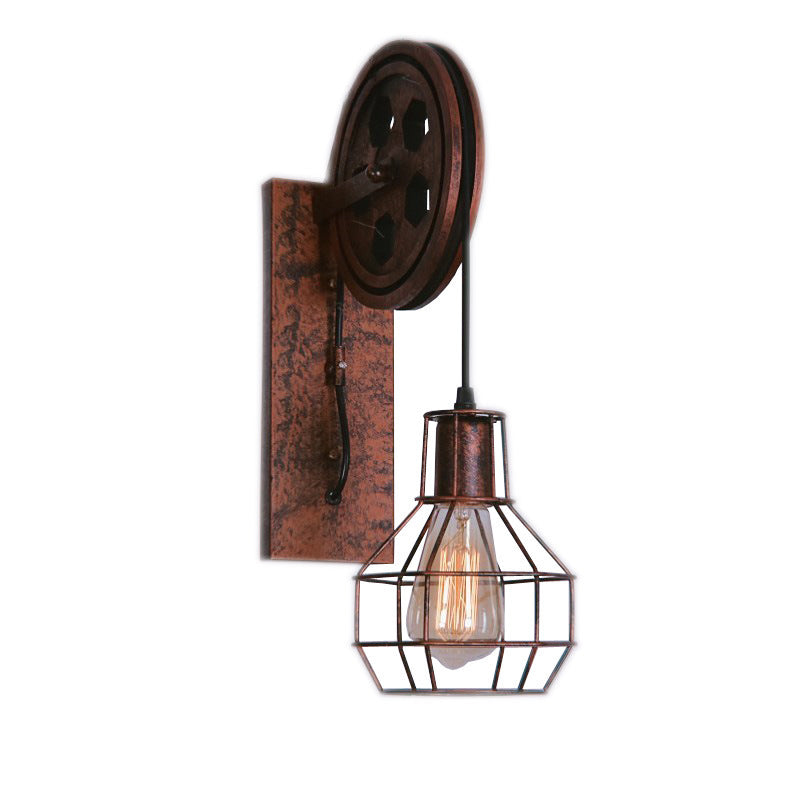 Spherical Wire Cage Foyer Wall Light Rustic Iron 1-Light Bedroom Wall Mount Lamp with Pulley Rust Clearhalo 'Art deco wall lights' 'Cast Iron' 'Glass' 'Industrial wall lights' 'Industrial' 'Middle century wall lights' 'Modern' 'Rustic wall lights' 'Tiffany' 'Traditional wall lights' 'Wall Lamps & Sconces' 'Wall Lights' Lighting' 2468036