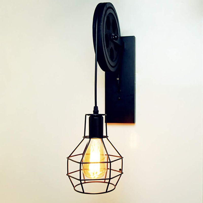Spherical Wire Cage Foyer Wall Light Rustic Iron 1-Light Bedroom Wall Mount Lamp with Pulley Clearhalo 'Art deco wall lights' 'Cast Iron' 'Glass' 'Industrial wall lights' 'Industrial' 'Middle century wall lights' 'Modern' 'Rustic wall lights' 'Tiffany' 'Traditional wall lights' 'Wall Lamps & Sconces' 'Wall Lights' Lighting' 2468039