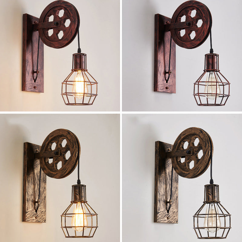 Spherical Wire Cage Foyer Wall Light Rustic Iron 1-Light Bedroom Wall Mount Lamp with Pulley Clearhalo 'Art deco wall lights' 'Cast Iron' 'Glass' 'Industrial wall lights' 'Industrial' 'Middle century wall lights' 'Modern' 'Rustic wall lights' 'Tiffany' 'Traditional wall lights' 'Wall Lamps & Sconces' 'Wall Lights' Lighting' 2468040