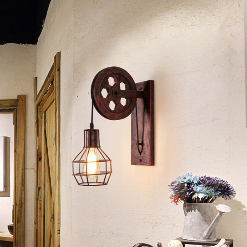 Spherical Wire Cage Foyer Wall Light Rustic Iron 1-Light Bedroom Wall Mount Lamp with Pulley Clearhalo 'Art deco wall lights' 'Cast Iron' 'Glass' 'Industrial wall lights' 'Industrial' 'Middle century wall lights' 'Modern' 'Rustic wall lights' 'Tiffany' 'Traditional wall lights' 'Wall Lamps & Sconces' 'Wall Lights' Lighting' 2468041