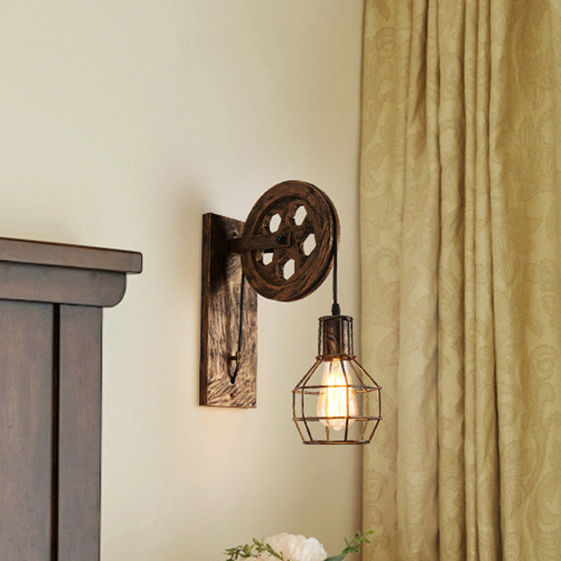 Spherical Wire Cage Foyer Wall Light Rustic Iron 1-Light Bedroom Wall Mount Lamp with Pulley Clearhalo 'Art deco wall lights' 'Cast Iron' 'Glass' 'Industrial wall lights' 'Industrial' 'Middle century wall lights' 'Modern' 'Rustic wall lights' 'Tiffany' 'Traditional wall lights' 'Wall Lamps & Sconces' 'Wall Lights' Lighting' 2468042