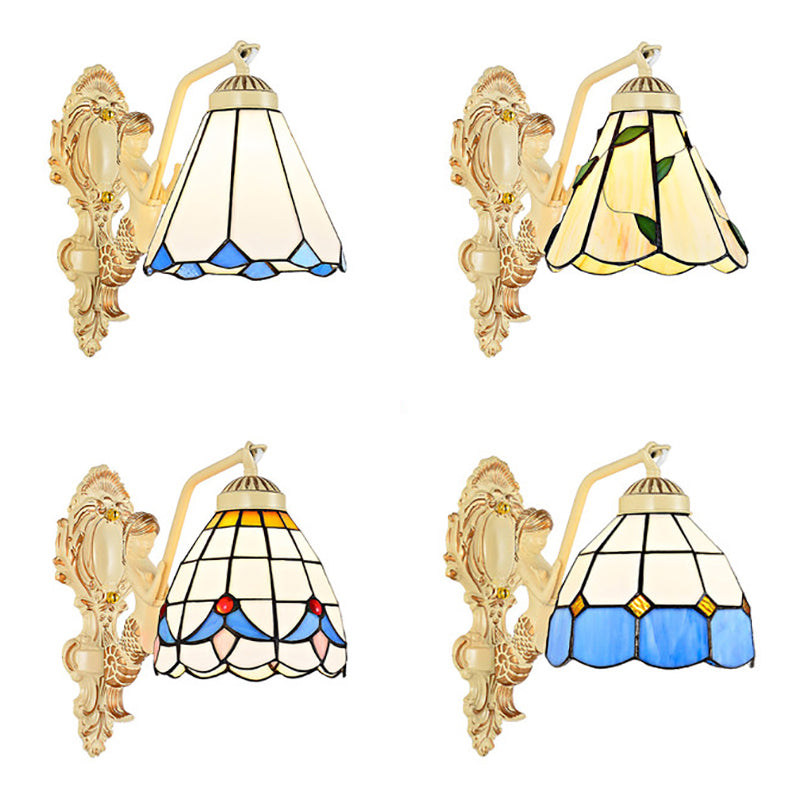 1 Light Sconce Light Baroque Dome/Cone Beige Glass Wall Mount Lighting with Leaf/Gem/Flower Pattern Clearhalo 'Industrial' 'Middle century wall lights' 'Tiffany wall lights' 'Tiffany' 'Wall Lamps & Sconces' 'Wall Lights' Lighting' 24681