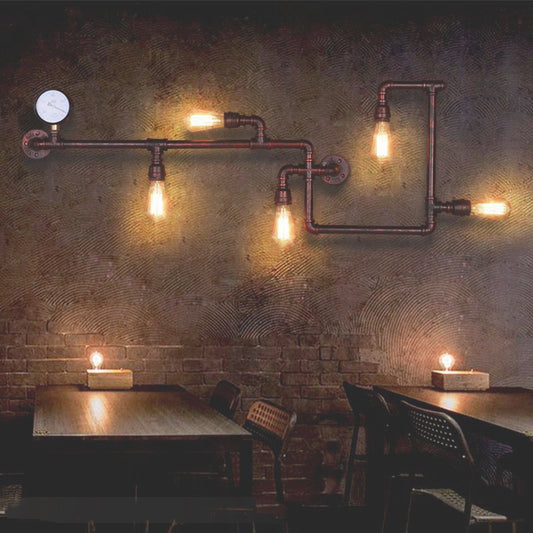 5-Head Wall Sconce Lighting Industrial Water Pipe and Pressure Gauge Metal Wall Light for Restaurant Bronze Clearhalo 'Art deco wall lights' 'Cast Iron' 'Glass' 'Industrial wall lights' 'Industrial' 'Middle century wall lights' 'Modern' 'Rustic wall lights' 'Tiffany' 'Traditional wall lights' 'Wall Lamps & Sconces' 'Wall Lights' Lighting' 2468132