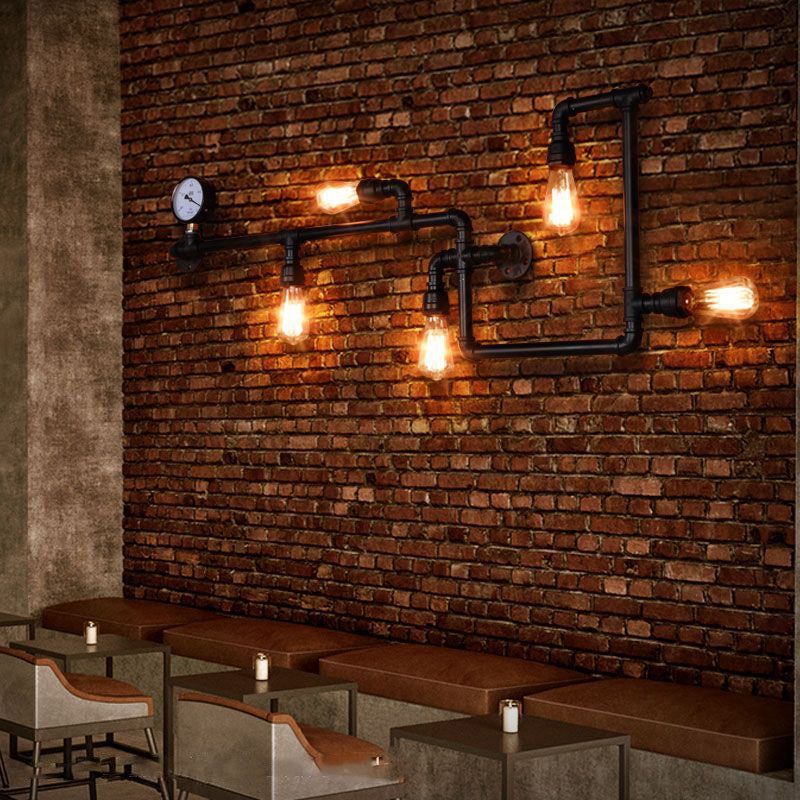 5-Head Wall Sconce Lighting Industrial Water Pipe and Pressure Gauge Metal Wall Light for Restaurant Clearhalo 'Art deco wall lights' 'Cast Iron' 'Glass' 'Industrial wall lights' 'Industrial' 'Middle century wall lights' 'Modern' 'Rustic wall lights' 'Tiffany' 'Traditional wall lights' 'Wall Lamps & Sconces' 'Wall Lights' Lighting' 2468133