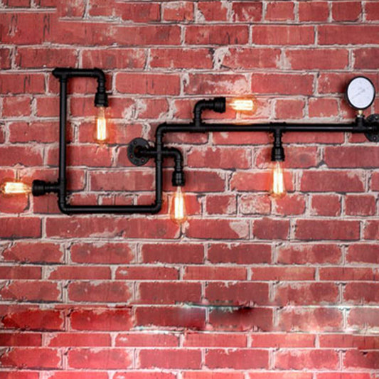 5-Head Wall Sconce Lighting Industrial Water Pipe and Pressure Gauge Metal Wall Light for Restaurant Clearhalo 'Art deco wall lights' 'Cast Iron' 'Glass' 'Industrial wall lights' 'Industrial' 'Middle century wall lights' 'Modern' 'Rustic wall lights' 'Tiffany' 'Traditional wall lights' 'Wall Lamps & Sconces' 'Wall Lights' Lighting' 2468137