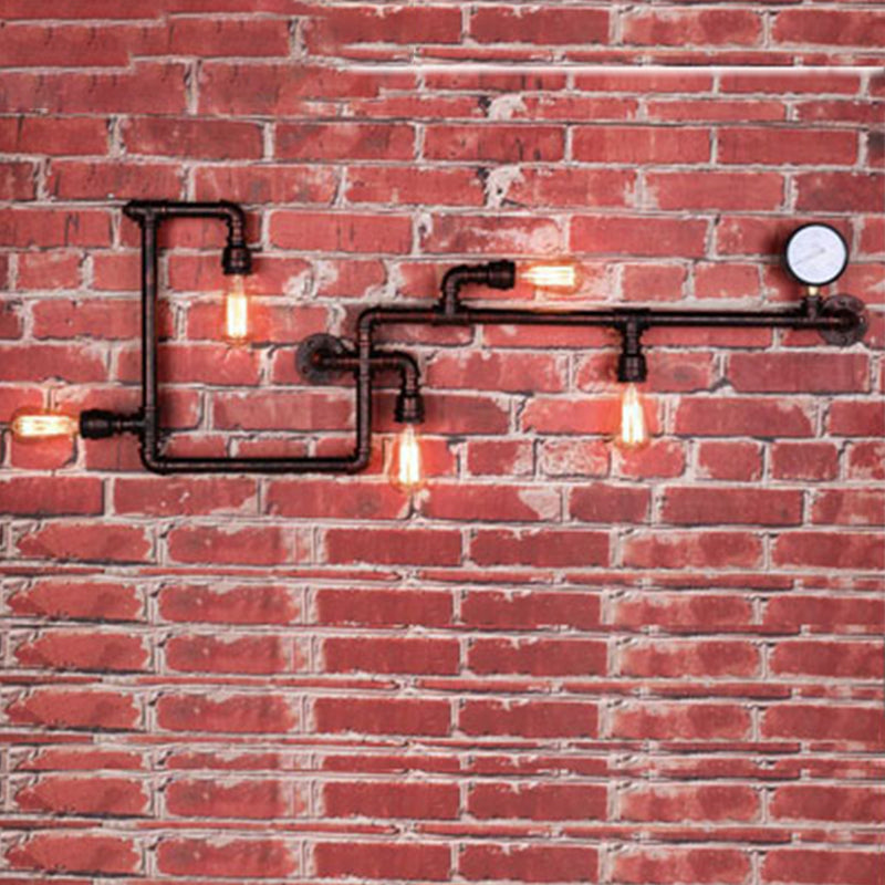 5-Head Wall Sconce Lighting Industrial Water Pipe and Pressure Gauge Metal Wall Light for Restaurant Clearhalo 'Art deco wall lights' 'Cast Iron' 'Glass' 'Industrial wall lights' 'Industrial' 'Middle century wall lights' 'Modern' 'Rustic wall lights' 'Tiffany' 'Traditional wall lights' 'Wall Lamps & Sconces' 'Wall Lights' Lighting' 2468138