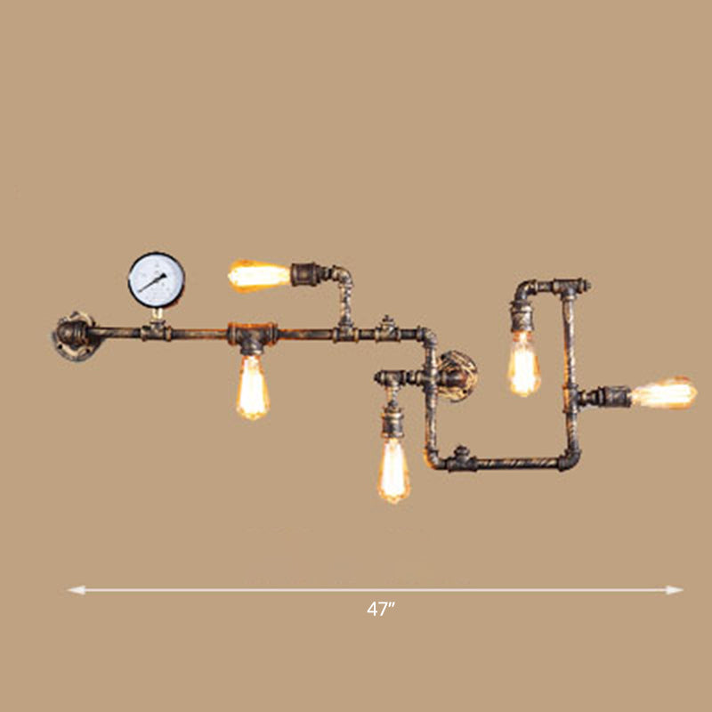 5-Head Wall Sconce Lighting Industrial Water Pipe and Pressure Gauge Metal Wall Light for Restaurant Clearhalo 'Art deco wall lights' 'Cast Iron' 'Glass' 'Industrial wall lights' 'Industrial' 'Middle century wall lights' 'Modern' 'Rustic wall lights' 'Tiffany' 'Traditional wall lights' 'Wall Lamps & Sconces' 'Wall Lights' Lighting' 2468139