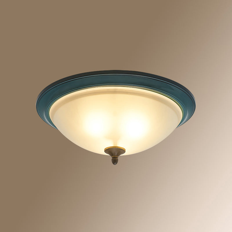 Frosted White Glass Bowl Flush Light Rustic 3-Light Bedroom Ceiling Lamp in Blue Blue Clearhalo 'Ceiling Lights' 'Close To Ceiling Lights' 'Close to ceiling' 'Flush mount' Lighting' 2468187