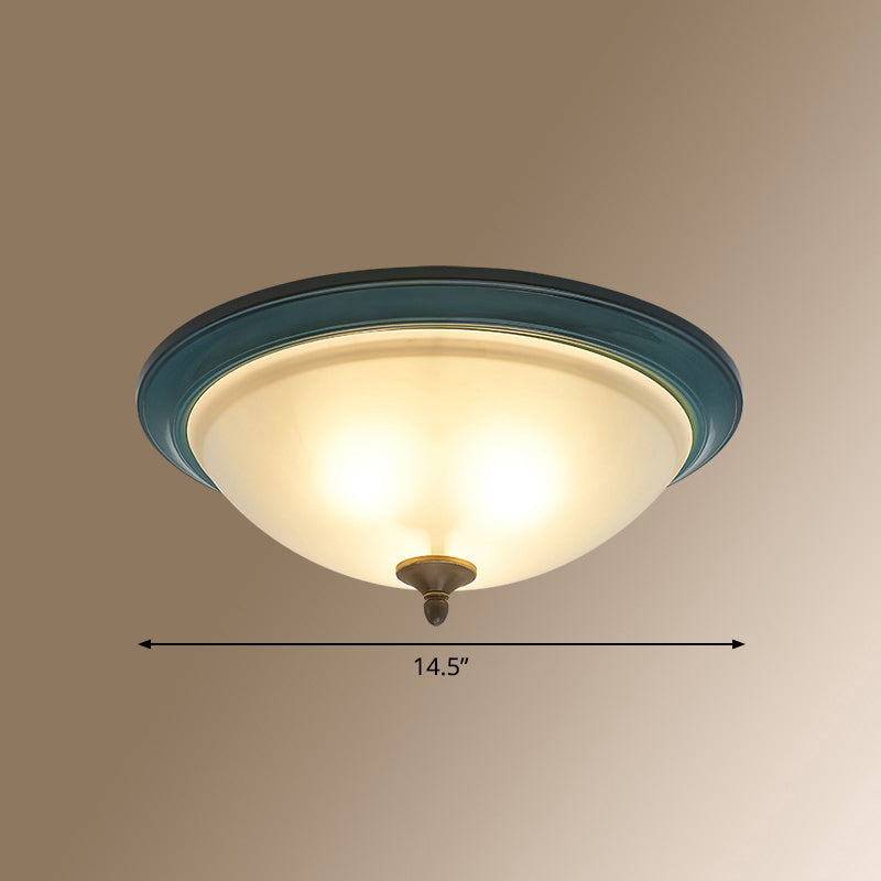 Frosted White Glass Bowl Flush Light Rustic 3-Light Bedroom Ceiling Lamp in Blue Clearhalo 'Ceiling Lights' 'Close To Ceiling Lights' 'Close to ceiling' 'Flush mount' Lighting' 2468192