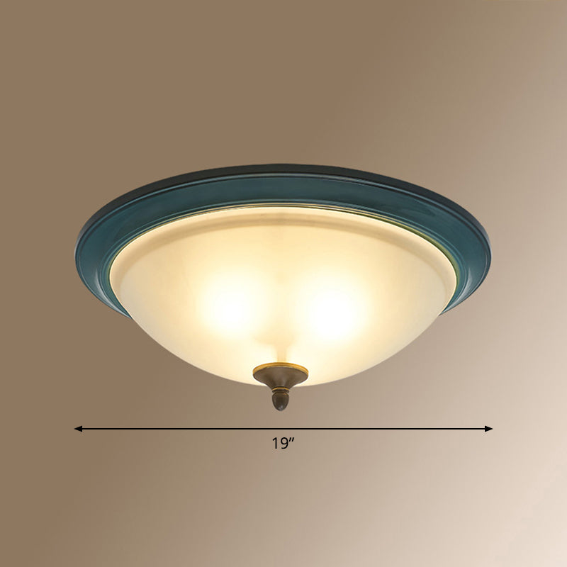 Frosted White Glass Bowl Flush Light Rustic 3-Light Bedroom Ceiling Lamp in Blue Clearhalo 'Ceiling Lights' 'Close To Ceiling Lights' 'Close to ceiling' 'Flush mount' Lighting' 2468193