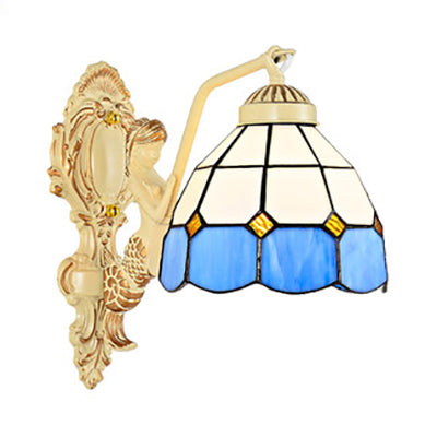 1 Light Sconce Light Baroque Dome/Cone Beige Glass Wall Mount Lighting with Leaf/Gem/Flower Pattern Clearhalo 'Industrial' 'Middle century wall lights' 'Tiffany wall lights' 'Tiffany' 'Wall Lamps & Sconces' 'Wall Lights' Lighting' 24682