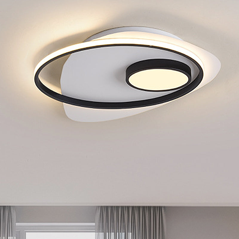 Acrylic Oval Flush Mount Lighting Modernist Led 18"/21.5"/27" Wide Black and White Flush Ceiling Lamp Fixture in White/Warm Light Black-White Warm Clearhalo 'Ceiling Lights' 'Close To Ceiling Lights' 'Close to ceiling' 'Flush mount' Lighting' 246822