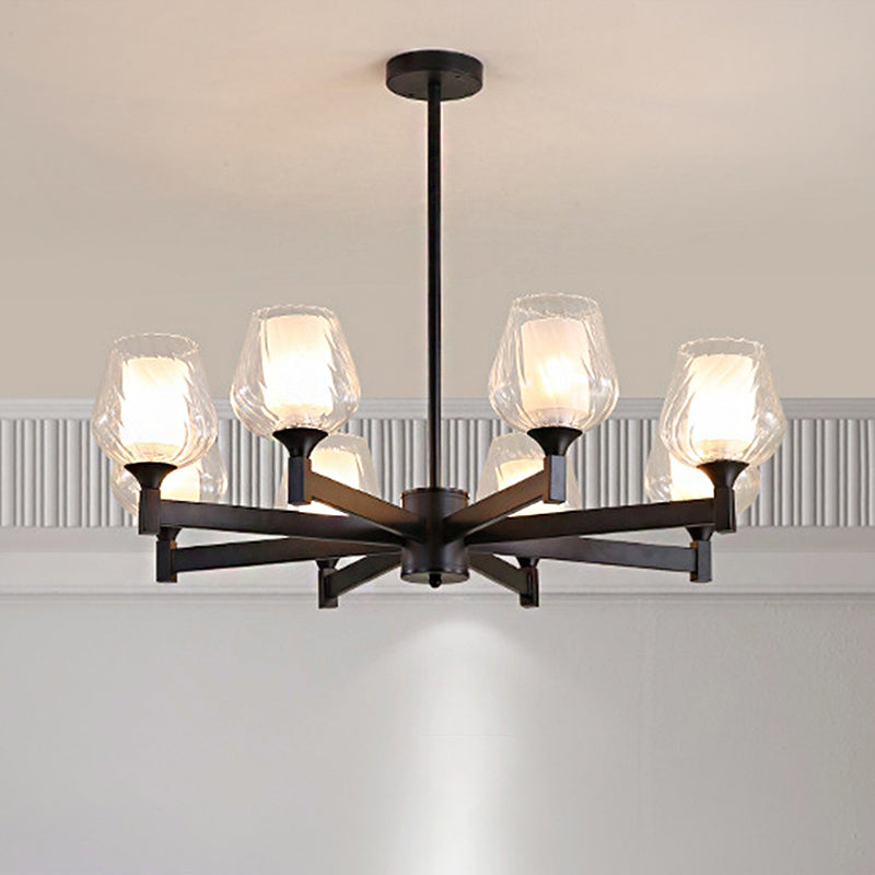 3/6/8 Lights Chandelier Light Cylinder Clear Textured Glass Traditional Dining Room Ceiling Lamp in Black 8 Black Clearhalo 'Ceiling Lights' 'Chandeliers' 'Glass shade' 'Glass' Lighting' 246827