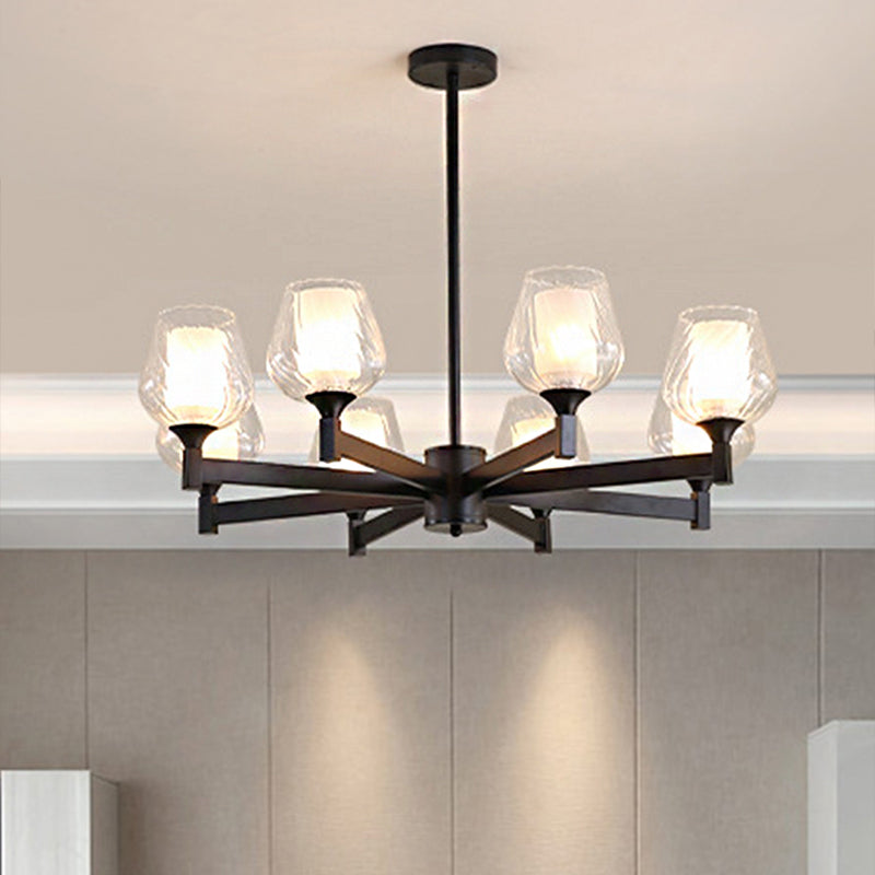 3/6/8 Lights Chandelier Light Cylinder Clear Textured Glass Traditional Dining Room Ceiling Lamp in Black Clearhalo 'Ceiling Lights' 'Chandeliers' 'Glass shade' 'Glass' Lighting' 246828