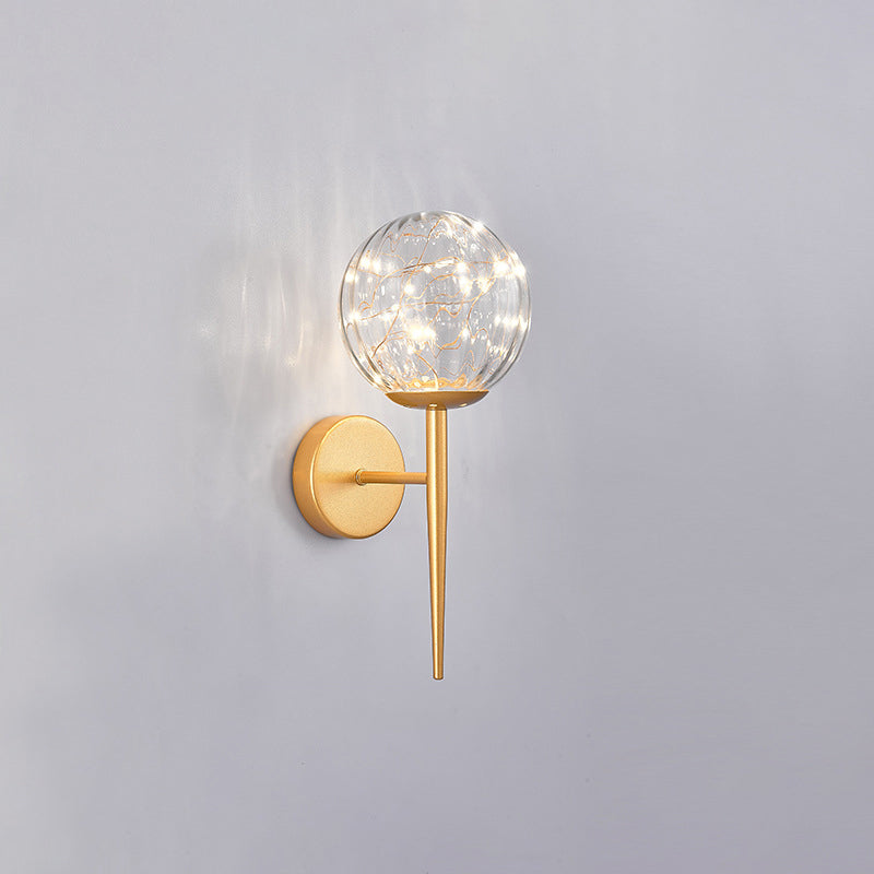 Living Room LED Sconce Lamp Nordic Starry Wall Light Fixture with Ball Glass Shade Gold Ribbed Glass Clearhalo 'Cast Iron' 'Glass' 'Industrial' 'Modern wall lights' 'Modern' 'Tiffany' 'Traditional wall lights' 'Wall Lamps & Sconces' 'Wall Lights' Lighting' 2468288