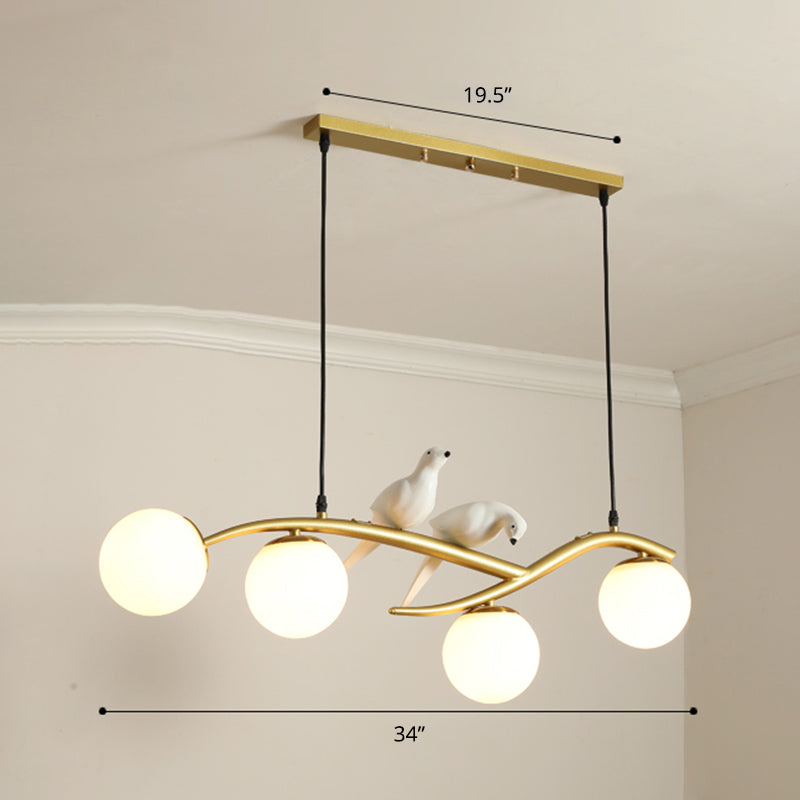 Postmodern 4-Bulb Island Lamp Tree Branch Hanging Light with Ball Glass Shade and Bird Deco Clearhalo 'Ceiling Lights' 'Island Lights' Lighting' 2468345