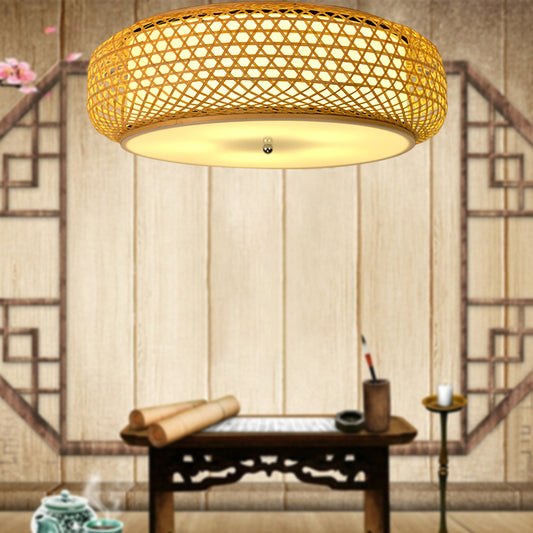 Round Flush Mount Ceiling Light Fixture Modern Bamboo Dining Room Flushmount in Wood Clearhalo 'Ceiling Lights' 'Close To Ceiling Lights' 'Close to ceiling' 'Flush mount' Lighting' 2468354