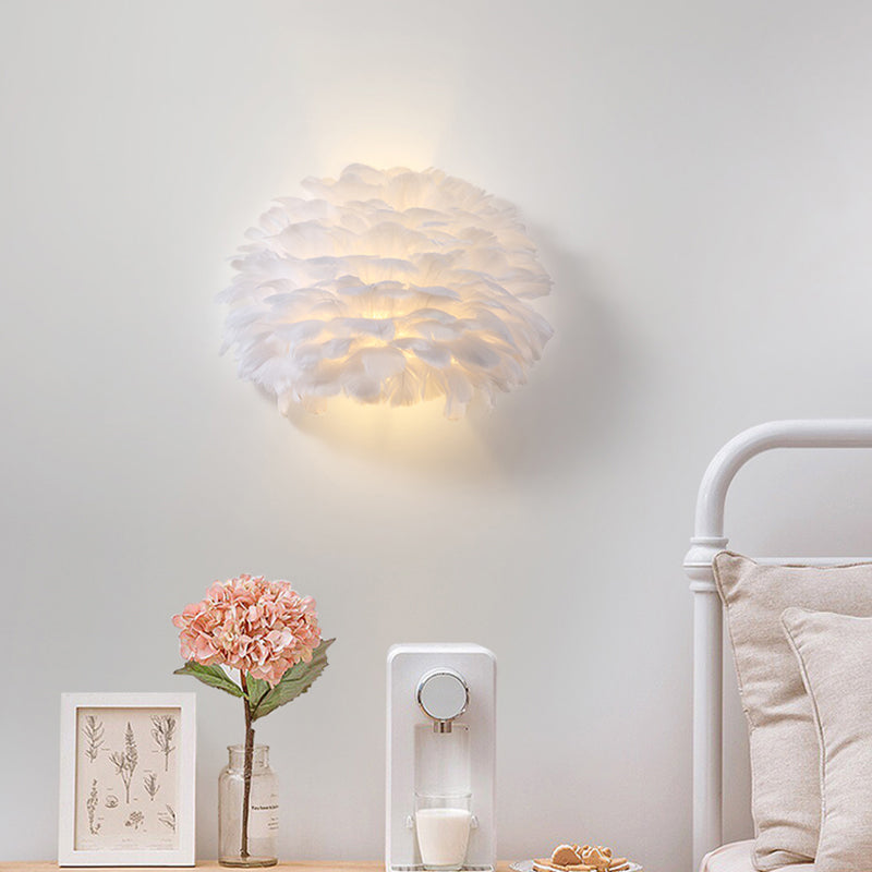 White Half-Globe Up Down Light Nordic Single Feather Flush Mount Wall Sconce for Bedroom Clearhalo 'Cast Iron' 'Glass' 'Industrial' 'Modern wall lights' 'Modern' 'Tiffany' 'Traditional wall lights' 'Wall Lamps & Sconces' 'Wall Lights' Lighting' 2468383