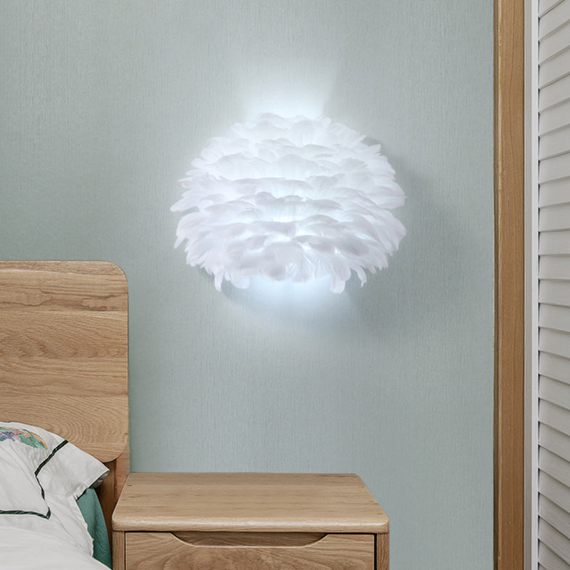 White Half-Globe Up Down Light Nordic Single Feather Flush Mount Wall Sconce for Bedroom Clearhalo 'Cast Iron' 'Glass' 'Industrial' 'Modern wall lights' 'Modern' 'Tiffany' 'Traditional wall lights' 'Wall Lamps & Sconces' 'Wall Lights' Lighting' 2468384