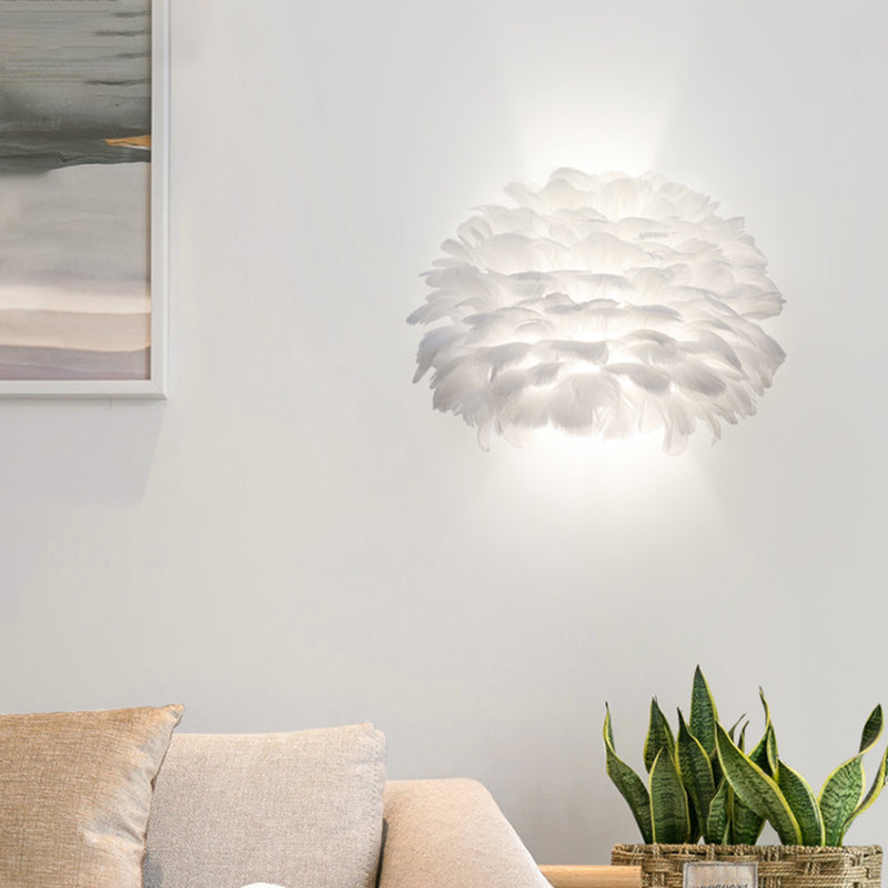 White Half-Globe Up Down Light Nordic Single Feather Flush Mount Wall Sconce for Bedroom Clearhalo 'Cast Iron' 'Glass' 'Industrial' 'Modern wall lights' 'Modern' 'Tiffany' 'Traditional wall lights' 'Wall Lamps & Sconces' 'Wall Lights' Lighting' 2468385