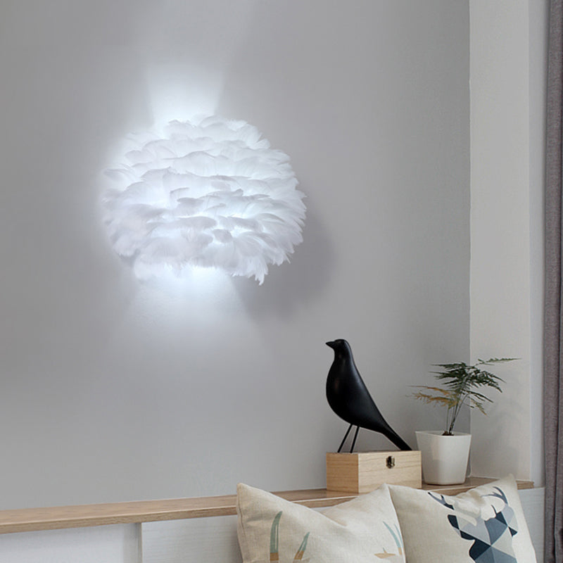 White Half-Globe Up Down Light Nordic Single Feather Flush Mount Wall Sconce for Bedroom Clearhalo 'Cast Iron' 'Glass' 'Industrial' 'Modern wall lights' 'Modern' 'Tiffany' 'Traditional wall lights' 'Wall Lamps & Sconces' 'Wall Lights' Lighting' 2468386