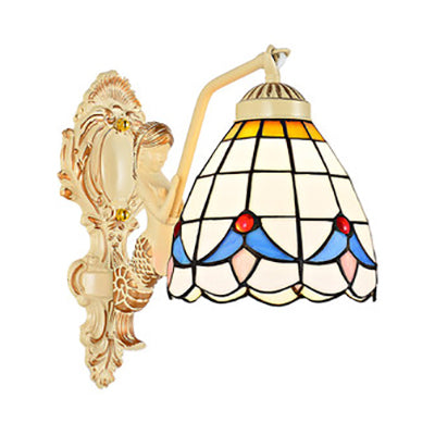 1 Light Sconce Light Baroque Dome/Cone Beige Glass Wall Mount Lighting with Leaf/Gem/Flower Pattern Clearhalo 'Industrial' 'Middle century wall lights' 'Tiffany wall lights' 'Tiffany' 'Wall Lamps & Sconces' 'Wall Lights' Lighting' 24684