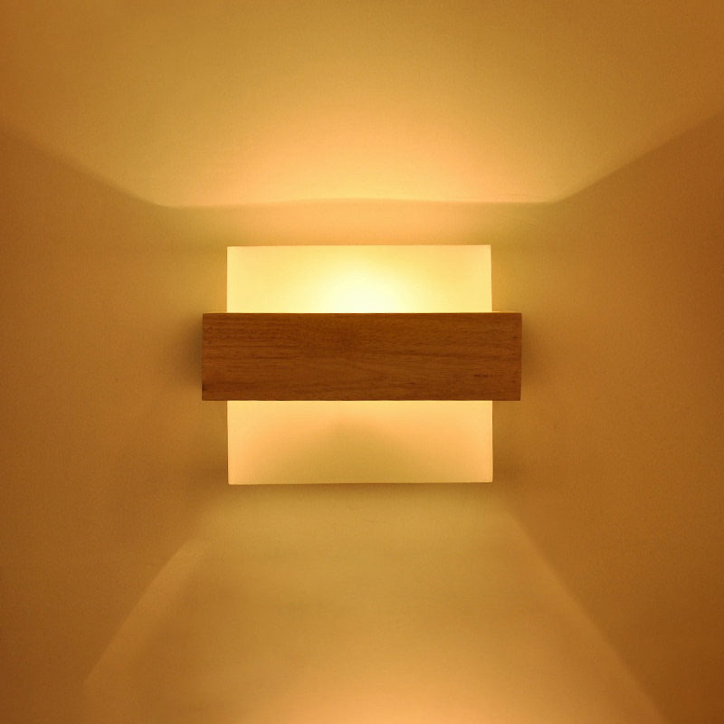 Square Corridor Wall Lighting Fixture White Glass 1-Light Simple Style Sconce Light with Wood Brace Clearhalo 'Modern wall lights' 'Modern' 'Wall Lamps & Sconces' 'Wall Lights' Lighting' 2468470