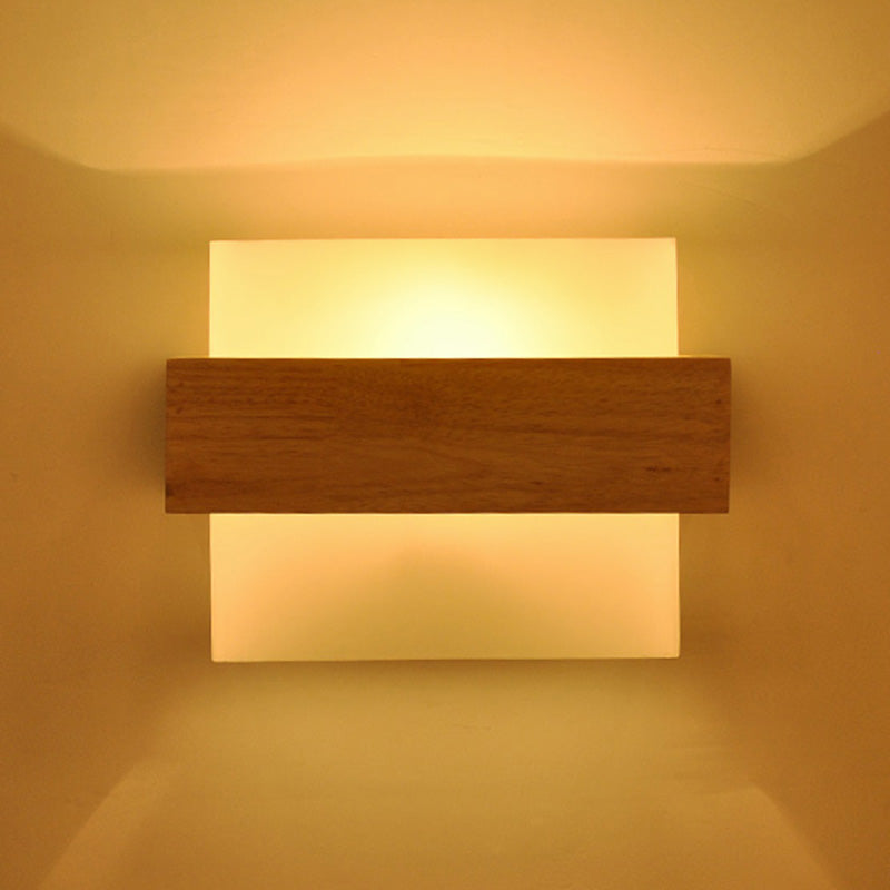 Square Corridor Wall Lighting Fixture White Glass 1-Light Simple Style Sconce Light with Wood Brace Wood Clearhalo 'Modern wall lights' 'Modern' 'Wall Lamps & Sconces' 'Wall Lights' Lighting' 2468471