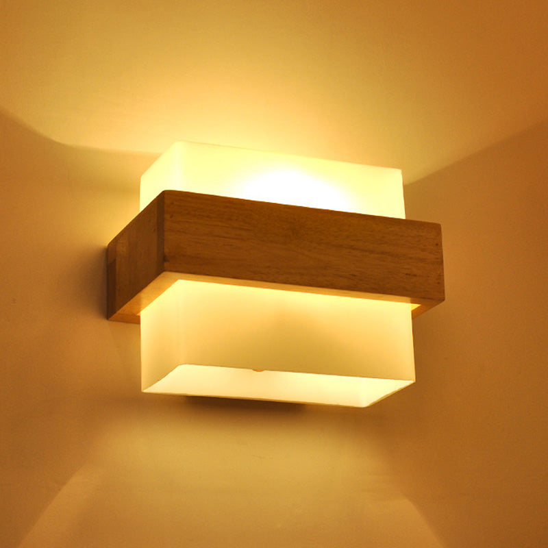 Square Corridor Wall Lighting Fixture White Glass 1-Light Simple Style Sconce Light with Wood Brace Clearhalo 'Modern wall lights' 'Modern' 'Wall Lamps & Sconces' 'Wall Lights' Lighting' 2468473