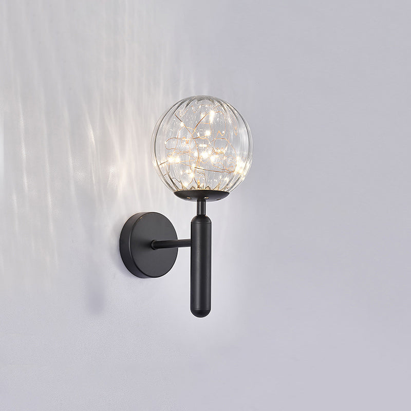 Postmodern Wall Sconce Ball LED Starry Wall Lighting with Glass Shade for Bedroom Black Ribbed Glass Clearhalo 'Cast Iron' 'Glass' 'Industrial' 'Modern wall lights' 'Modern' 'Tiffany' 'Traditional wall lights' 'Wall Lamps & Sconces' 'Wall Lights' Lighting' 2468476