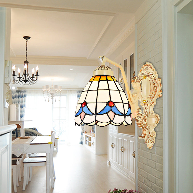 1 Light Sconce Light Baroque Dome/Cone Beige Glass Wall Mount Lighting with Leaf/Gem/Flower Pattern Beige Flower Clearhalo 'Industrial' 'Middle century wall lights' 'Tiffany wall lights' 'Tiffany' 'Wall Lamps & Sconces' 'Wall Lights' Lighting' 24685