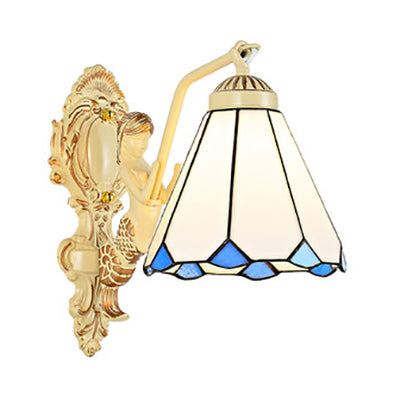 1 Light Sconce Light Baroque Dome/Cone Beige Glass Wall Mount Lighting with Leaf/Gem/Flower Pattern Beige Gem Clearhalo 'Industrial' 'Middle century wall lights' 'Tiffany wall lights' 'Tiffany' 'Wall Lamps & Sconces' 'Wall Lights' Lighting' 24686