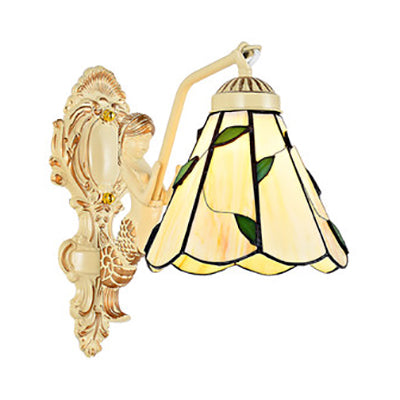1 Light Sconce Light Baroque Dome/Cone Beige Glass Wall Mount Lighting with Leaf/Gem/Flower Pattern Beige Leaf Clearhalo 'Industrial' 'Middle century wall lights' 'Tiffany wall lights' 'Tiffany' 'Wall Lamps & Sconces' 'Wall Lights' Lighting' 24687