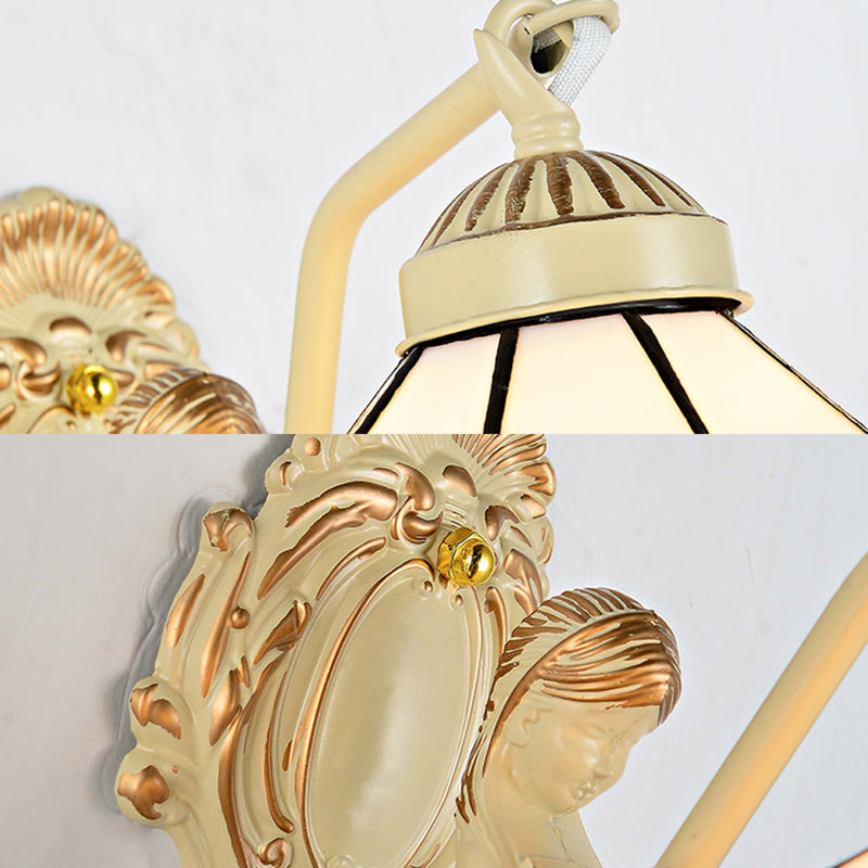 1 Light Sconce Light Baroque Dome/Cone Beige Glass Wall Mount Lighting with Leaf/Gem/Flower Pattern Clearhalo 'Industrial' 'Middle century wall lights' 'Tiffany wall lights' 'Tiffany' 'Wall Lamps & Sconces' 'Wall Lights' Lighting' 24688