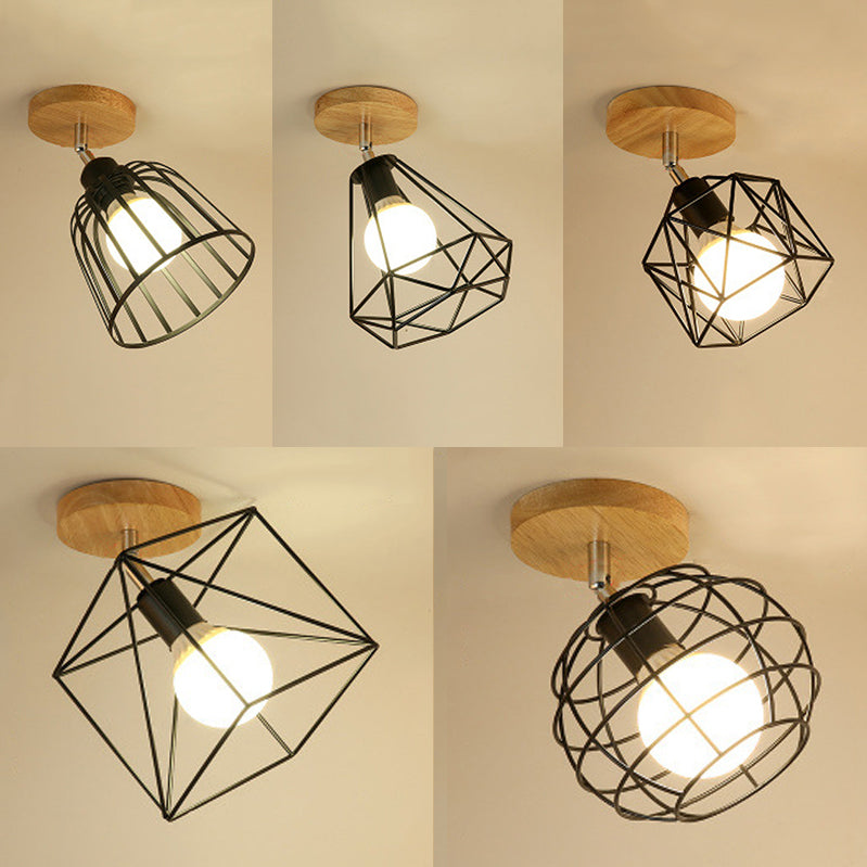 1 Light Adjustable Squared/Globe Ceiling Mounted Light with Cage Shade Industrial Black Metal Semi Flush Light for Corridor Clearhalo 'Ceiling Lights' 'Close To Ceiling Lights' 'Close to ceiling' 'Flush mount' 'Industrial Flush Mount' Lighting' 24694