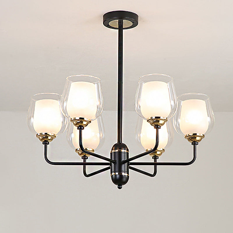 3/6/8 Lights Clear Glass Hanging Chandelier Traditional Black Cup Shape Living Room Pendant Light Fixture 6 Black Clearhalo 'Ceiling Lights' 'Chandeliers' 'Glass shade' 'Glass' Lighting' 246950
