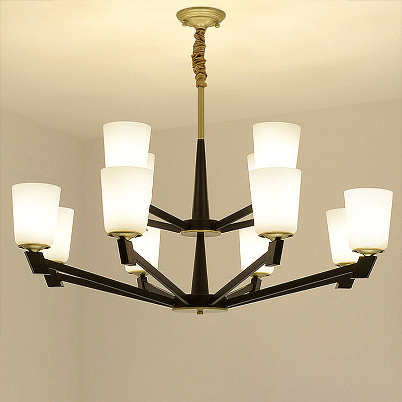 Cone Frosted Glass Light Chandelier Traditional 6/8/12 Lights Living Room Pendant Lighting in Black 12 White Clearhalo 'Ceiling Lights' 'Chandeliers' 'Glass shade' 'Glass' Lighting' 246966