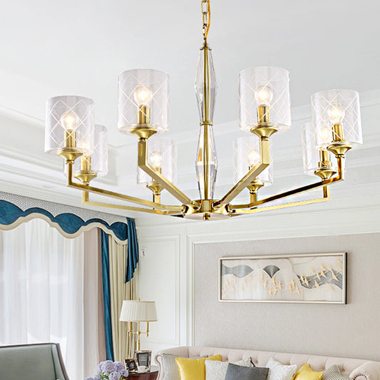 Cylinder Living Room Ceiling Chandelier Traditional Clear Glass 6/8 Light Brass Hanging Fixture 8 Brass Clearhalo 'Ceiling Lights' 'Chandeliers' 'Glass shade' 'Glass' Lighting' 246973