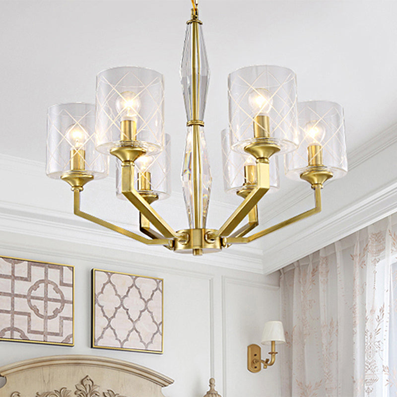 Cylinder Living Room Ceiling Chandelier Traditional Clear Glass 6/8 Light Brass Hanging Fixture 6 Brass Clearhalo 'Ceiling Lights' 'Chandeliers' 'Glass shade' 'Glass' Lighting' 246974