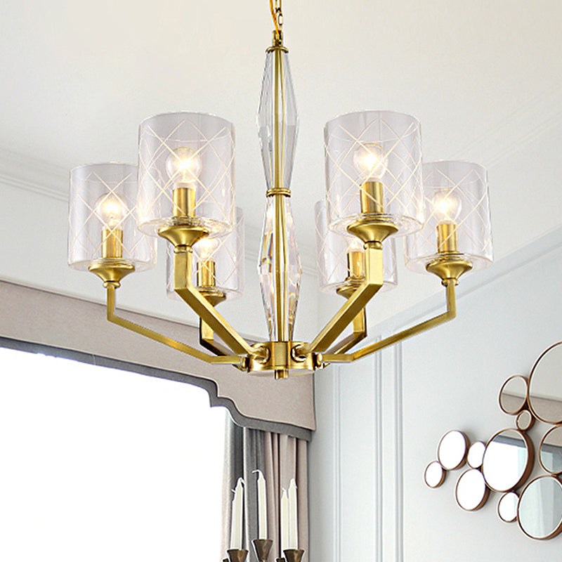 Cylinder Living Room Ceiling Chandelier Traditional Clear Glass 6/8 Light Brass Hanging Fixture Clearhalo 'Ceiling Lights' 'Chandeliers' 'Glass shade' 'Glass' Lighting' 246975