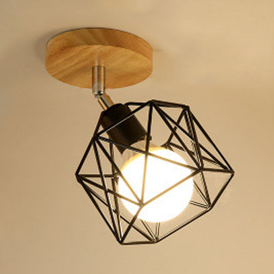 1 Light Adjustable Squared/Globe Ceiling Mounted Light with Cage Shade Industrial Black Metal Semi Flush Light for Corridor Black Hexagon Clearhalo 'Ceiling Lights' 'Close To Ceiling Lights' 'Close to ceiling' 'Flush mount' 'Industrial Flush Mount' Lighting' 24698