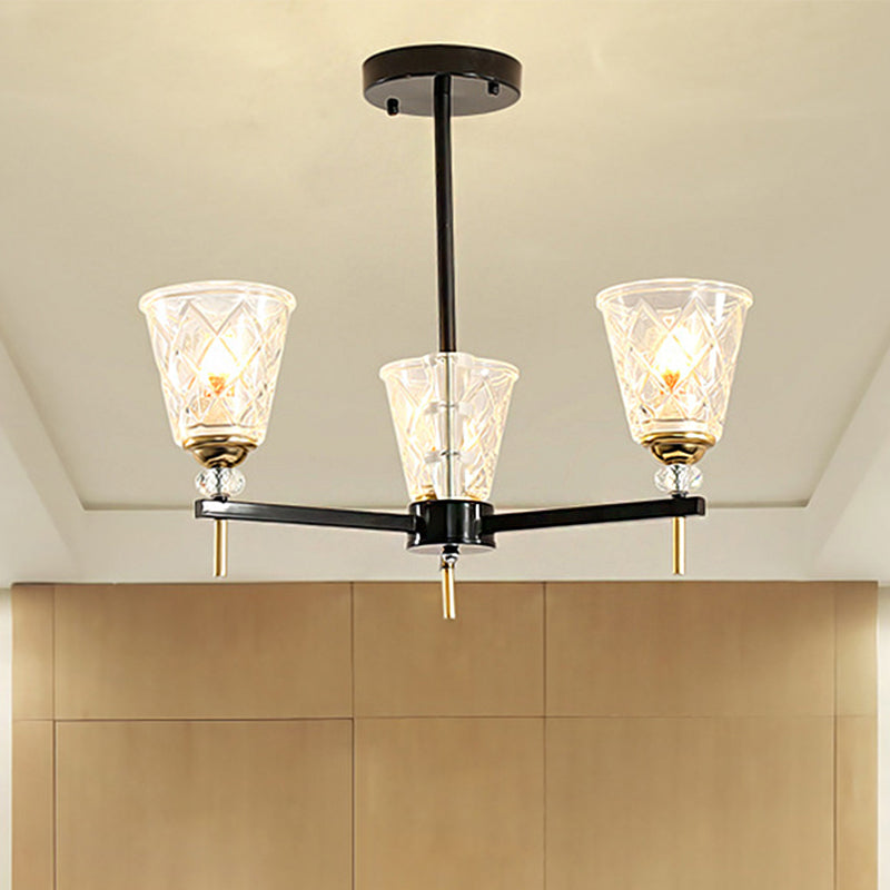 Clear 3/6 Lights Chandelier Light Fixture Traditional Textured Glass Cone Pendant Lamp for Bedroom 3 Clear Clearhalo 'Ceiling Lights' 'Chandeliers' 'Glass shade' 'Glass' Lighting' 246982