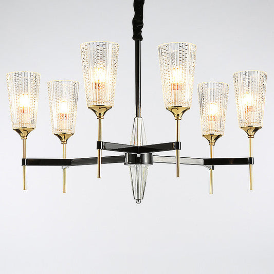 Clear 6/8 Lights Pendant Chandelier Traditional Textured Glass Cone Hanging Light for Living Room 6 Clear Clearhalo 'Ceiling Lights' 'Chandeliers' 'Glass shade' 'Glass' Lighting' 246990